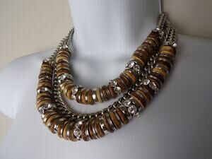 Givenchy Silver Crystal/Wood Chain Link Bead Layered Necklace